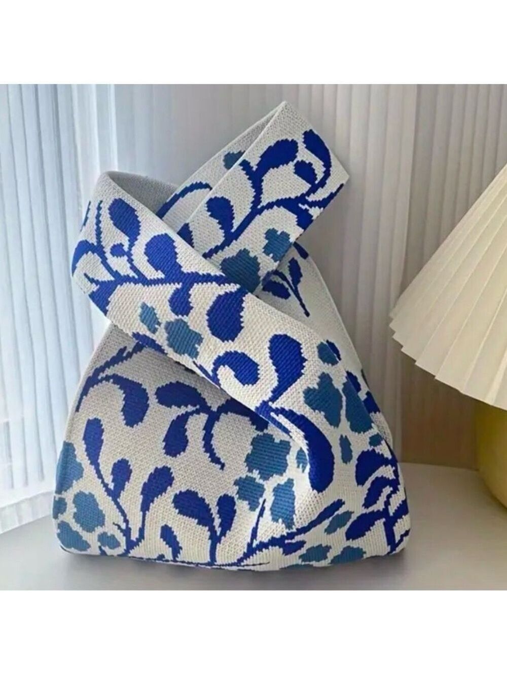 Heavy Woven Knit Floral Pattern Tote Purse Bag Japanese Knot  Closure Style
